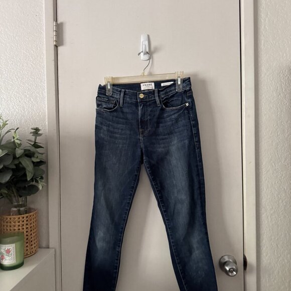 🦋 FRAME Le Skinny de Jeanne Jeans Cascade Hem Meyer Dark Wash 27 Raw Hem Casual - Picture 2 of 9